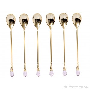 Gold Flatware Set 6-Pcs.Dessert Demi Spoons 24 Karat-plated with Pink Crystal Tip Stainless Steel 6 long ea. - B01KMOYY1O